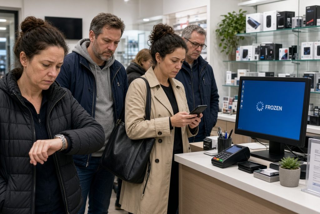 disappointed customers waiting in line due to frozen computer disappointed customers waiting in line due to frozen computer