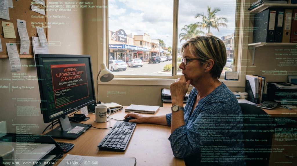 business owner viewing security warning business owner viewing security warning