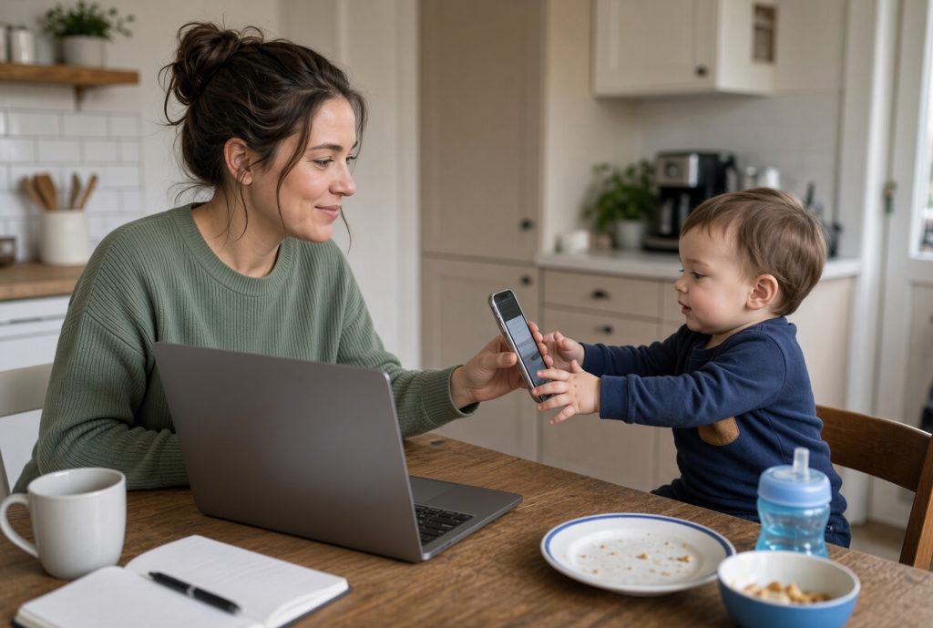 woman handing her mobile phone to her son woman handing her mobile phone to her son